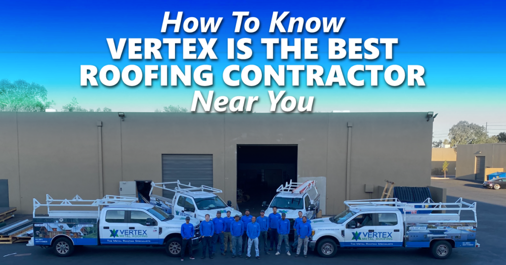 the Vertex team of workers standing in front of their office building and branded vehicles with the caption "How To Know Vertex Is The Best Roofing Contractor Near You"