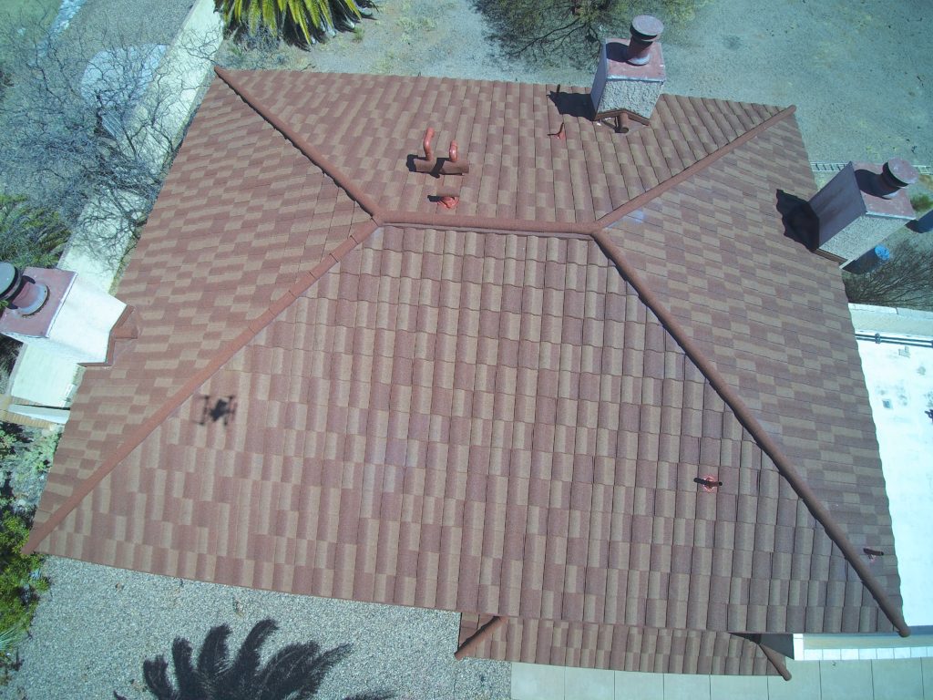 Aerial view of an Arizona home with a new stone coated steel roof installed by Vertex Metal Roofing