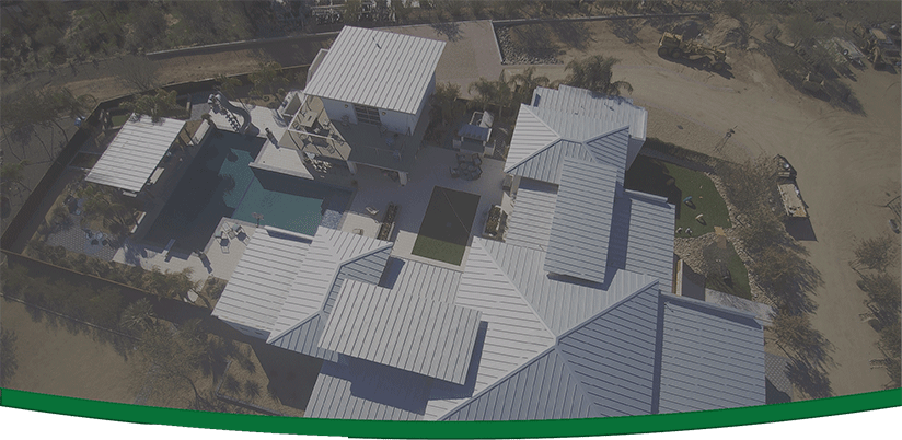 Overhead vidw of a new home with a Vertex metal roof installed in Arizona.