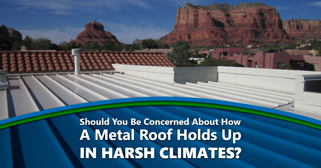 Rooftop view with mountains in the background. Should You be Concerned About How a Metal Roof Holds up in Harsh Climates