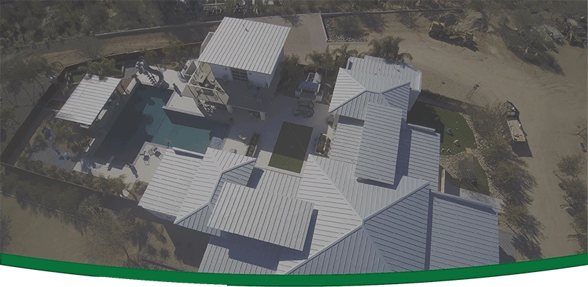 Overhead vidw of a new home with a Vertex metal roof installed in Arizona.