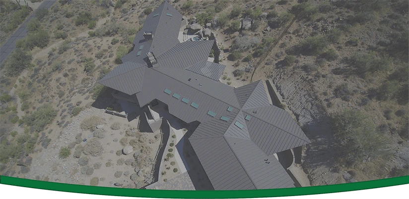 An aerial view of a completed metal roofing job in Arizona.